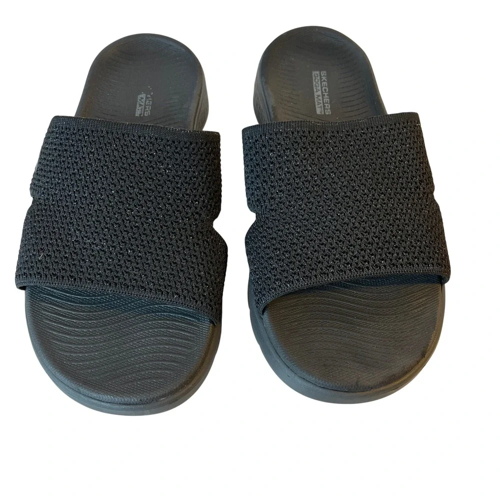 Skechers GoWalk Goga Mat Black Shimmer Knit Slide Sandals 141449W Womens 10 Wide